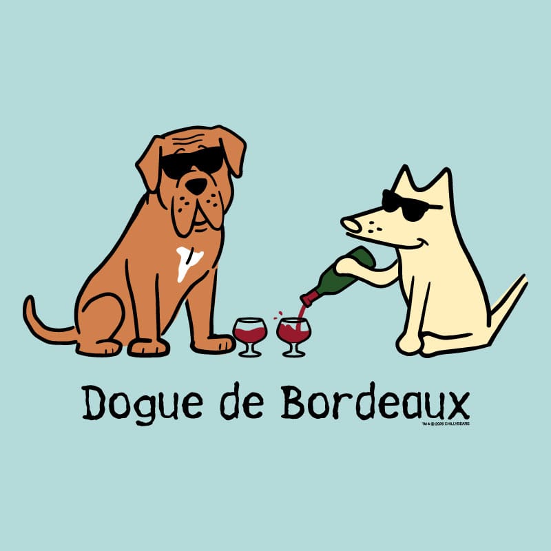 Two dogs, one brown and one white, with sunglasses, are pouring wine into glasses on a light blue background. The text 'Dogue de Bordeaux' is displayed below them.