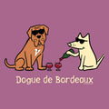 Two dogs with sunglasses, one pouring wine for the other, on a purple background with 'Dogue de Bordeaux' text.