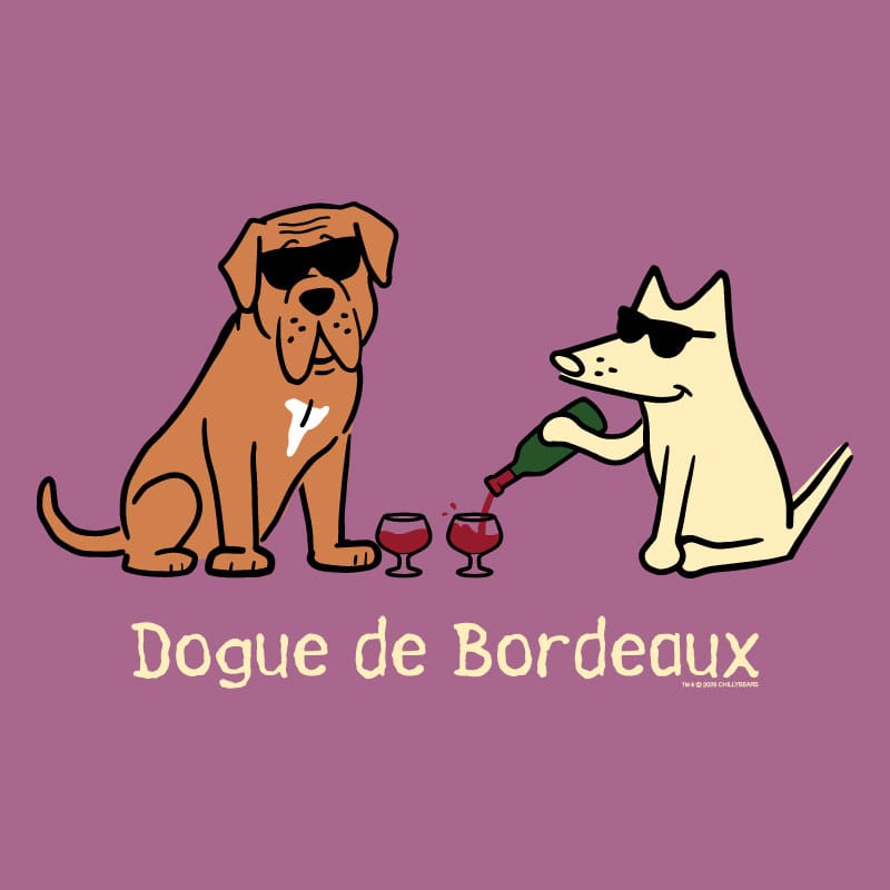 Two dogs with sunglasses, one pouring wine for the other, on a purple background with 'Dogue de Bordeaux' text.