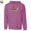 Purple hoodie with cartoon dogs design on a white background