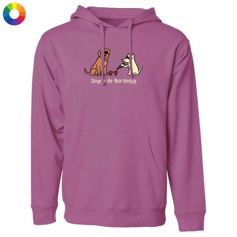 Purple hoodie with cartoon dogs design on a white background