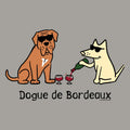 Two dogs, one brown and one white, with sunglasses, pouring wine into glasses on a gray background. The text 'Dogue de Bordeaux' is displayed.