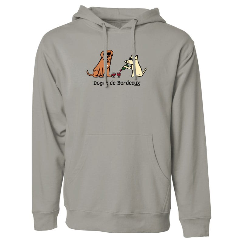 Gray hoodie with cartoon dogs design and text on a white background