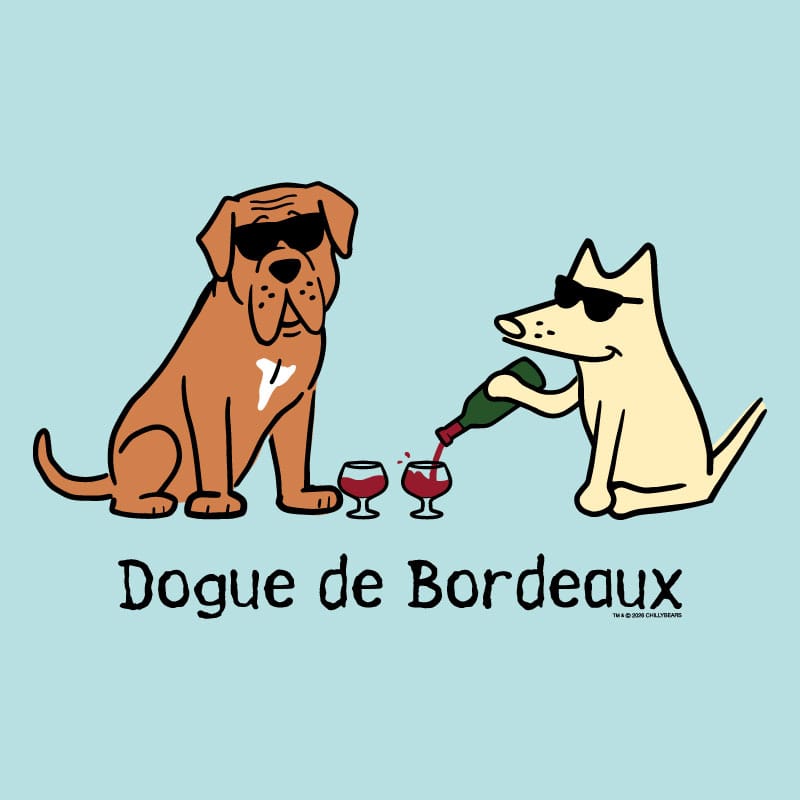 Two dogs, one brown and one white, with sunglasses, are depicted in a humorous scene on a light blue background.
