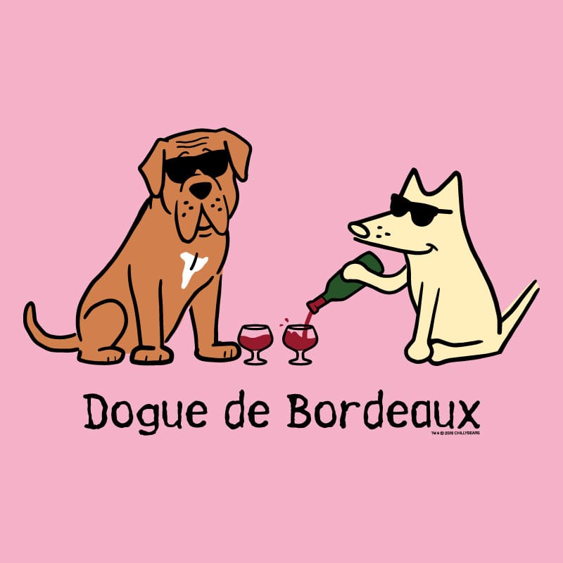 Two dogs, one brown and one white, with sunglasses on a pink background. The brown dog is sitting and the white dog is pouring wine into glasses.