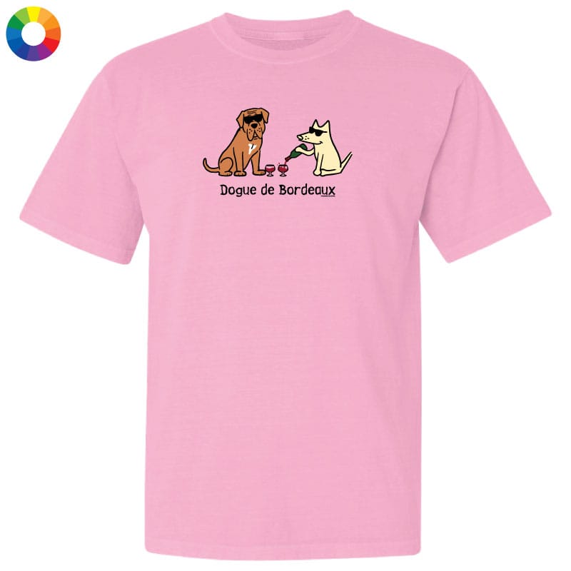 Pink t-shirt with Dogue de Bordeaux design on a white background