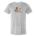 Gray t-shirt with dog graphic and text on a white background