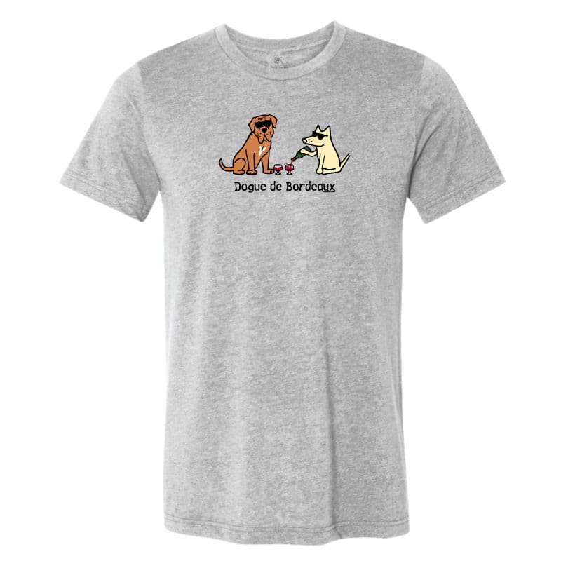 Gray t-shirt with dog graphic and text on a white background