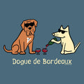 Two dogs, one brown and one white, with sunglasses, are pouring wine into glasses on a blue background. The text 'Dogue de Bordeaux' is displayed below them.