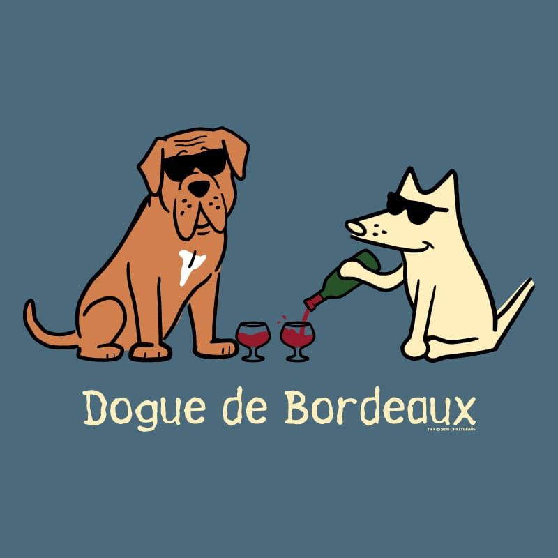 Two dogs, one brown and one white, with sunglasses, are pouring wine into glasses on a blue background. The text 'Dogue de Bordeaux' is displayed below them.