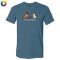 Blue t-shirt with cartoon dogs and 'Dogue de Bordeaux' text on a white background