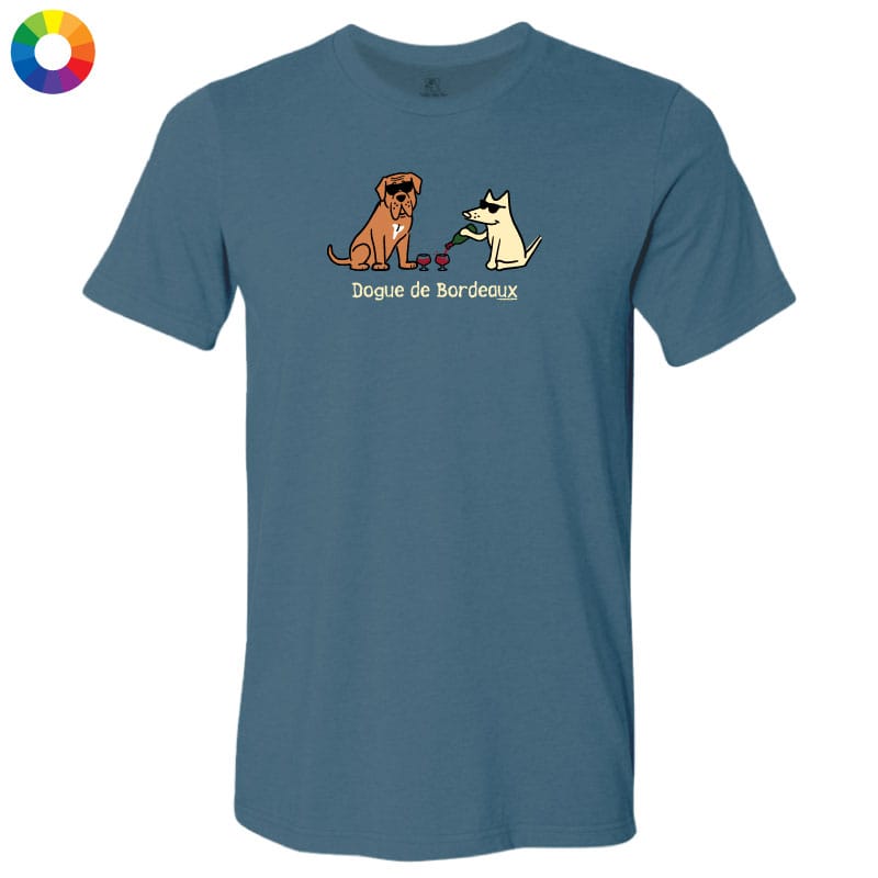 Blue t-shirt with cartoon dogs and 'Dogue de Bordeaux' text on a white background