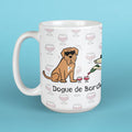 White mug with a Dogue de Bordeaux illustration and wine glass patterns on a blue background