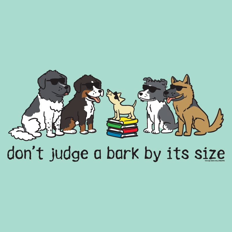 A graphic design featuring cartoon dogs of various breeds wearing sunglasses, with a small dog standing on a stack of books. Below them is the text 'don't judge a bark by its size' in black lowercase letters, all set against a solid light teal background.