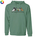 A sage green pullover hoodie with a graphic of several dog breeds sitting on a stack of books and the text 'don't judge a bark by its size' printed on the chest. A small multicolor color wheel icon is in the top-left corner.