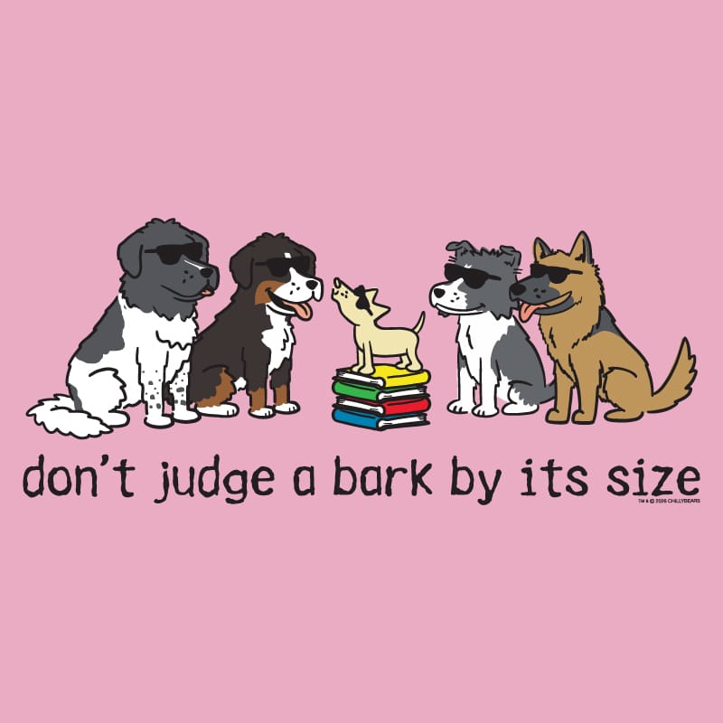 A pink graphic print featuring cartoon dogs of various sizes sitting around a small stack of books, with the text 'don't judge a bark by its size' underneath. A small '© www.