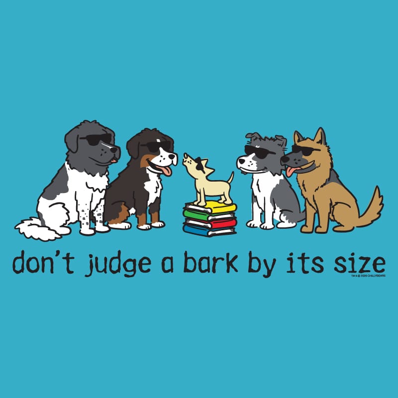A graphic design featuring cartoon dogs of various breeds wearing sunglasses, with one small dog sitting on a stack of books. Below them is the text 'don't judge a bark by its size' in black lowercase letters.