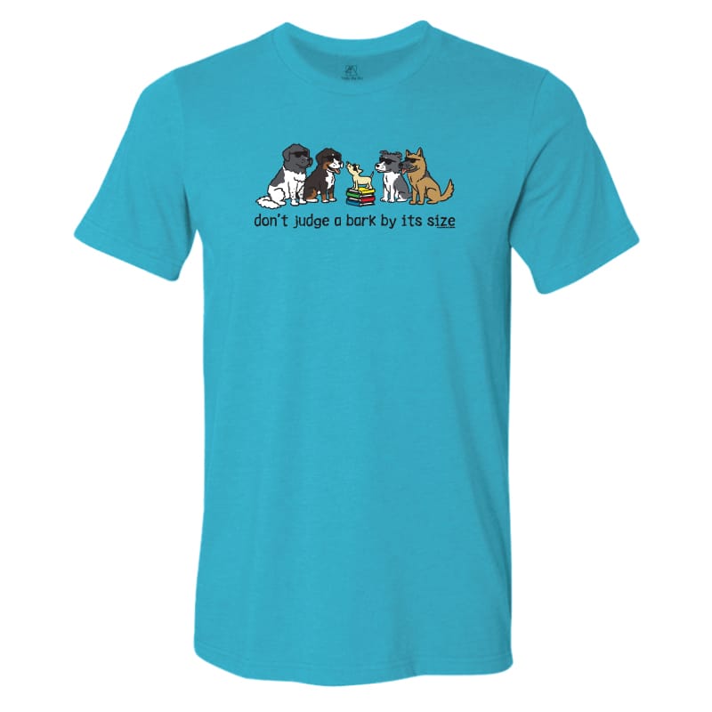 A bright turquoise blue short-sleeve t-shirt with a cartoon graphic of four dogs of different sizes sitting together with a small sandwich, and the text 'don't judge a bark by its size' printed below.