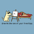 Cartoon dog drawing another dog on a easel with a blue background