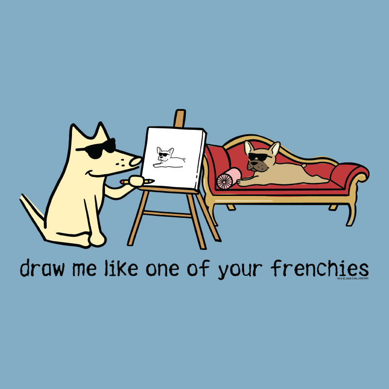 Cartoon dog drawing another dog on a easel with a blue background
