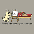 Cartoon dog drawing another dog on a easel with text 'draw me like one of your frenchies' on a beige background.