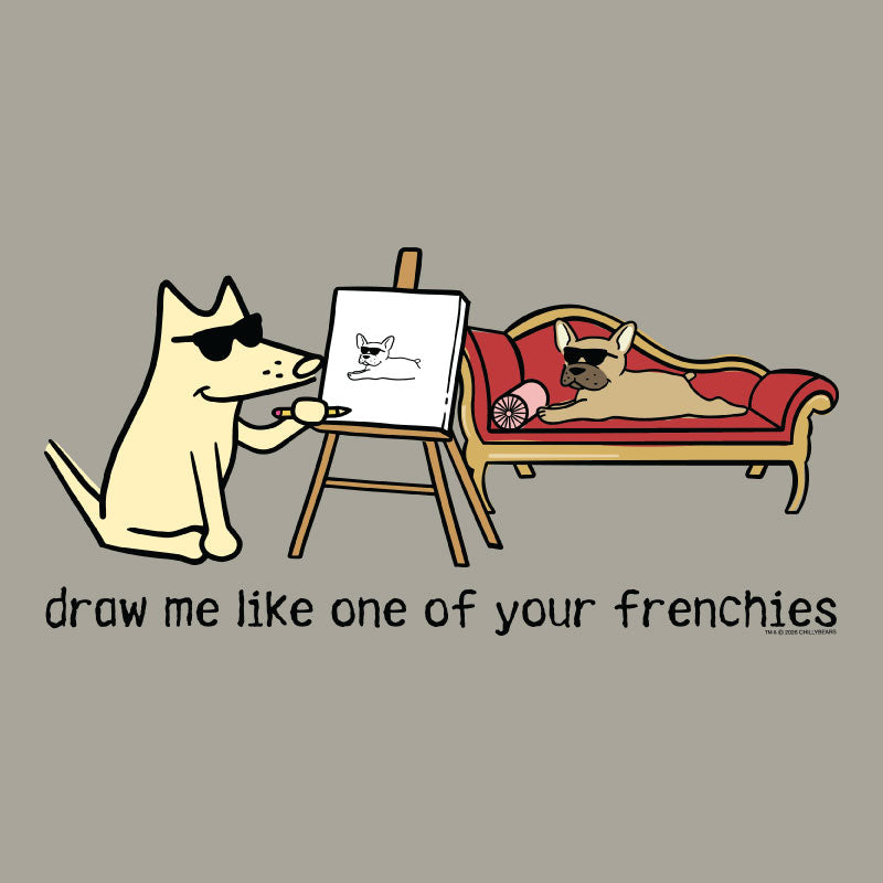 Cartoon dog drawing another dog on a easel with text 'draw me like one of your frenchies' on a beige background.