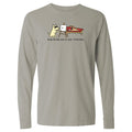 Gray long-sleeve shirt with a graphic of a cat drawing a dog on a white background