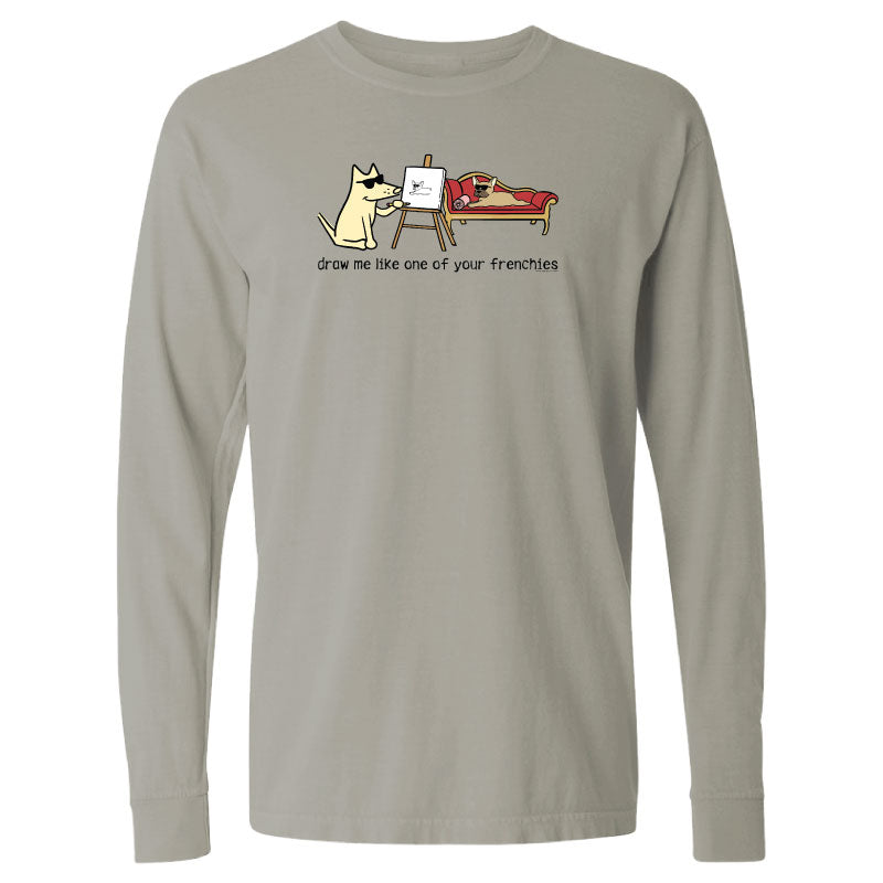Gray long-sleeve shirt with a graphic of a cat drawing a dog on a white background