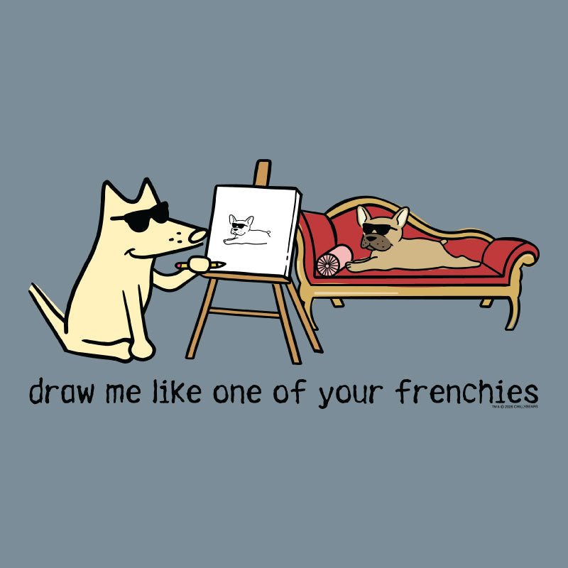 Cartoon dog drawing another dog on a couch with text 'draw me like one of your frenchies' on a blue background.