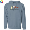 Blue hoodie with a cartoon design on a white background