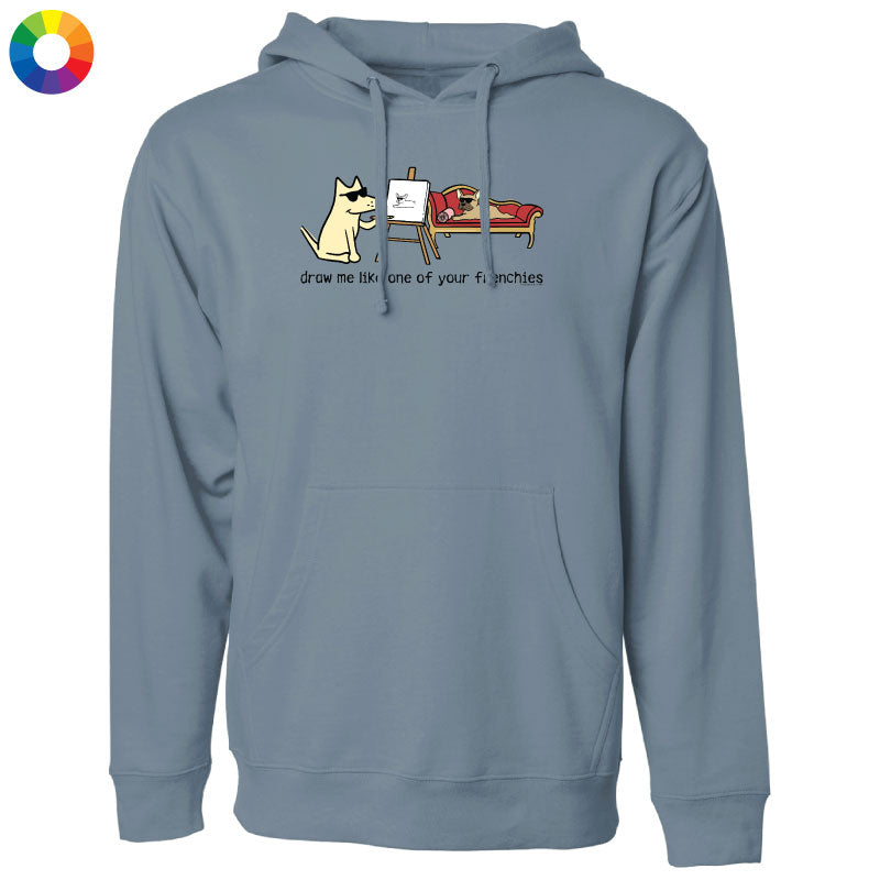 Blue hoodie with a cartoon design on a white background