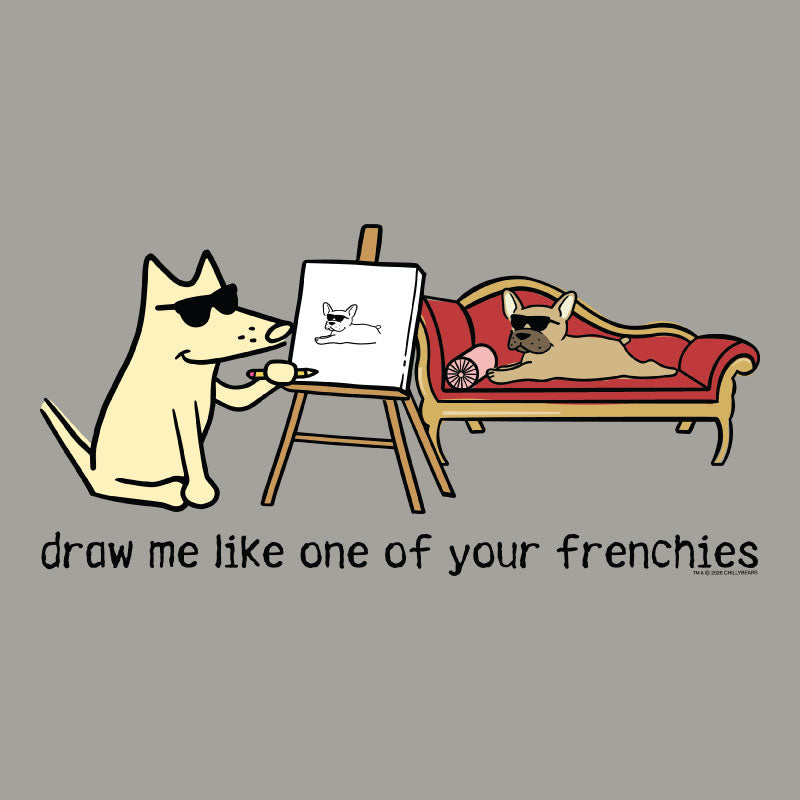 Cartoon dog drawing another dog on a easel with text 'draw me like one of your frenchies' on a gray background.