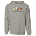 Gray hoodie with a graphic of a dog and text on a white background