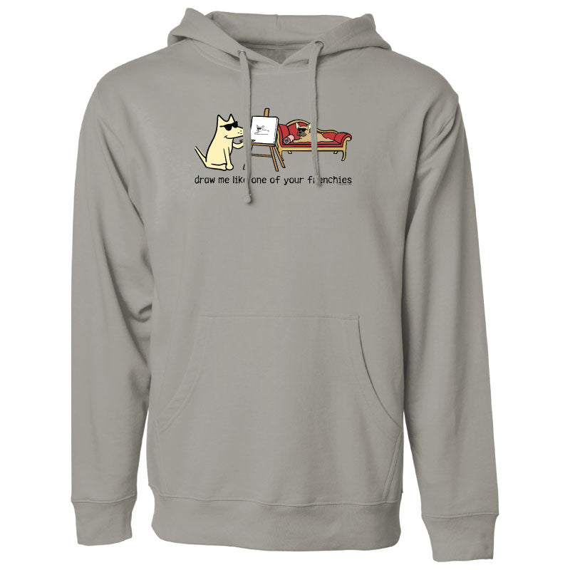 Gray hoodie with a graphic of a dog and text on a white background