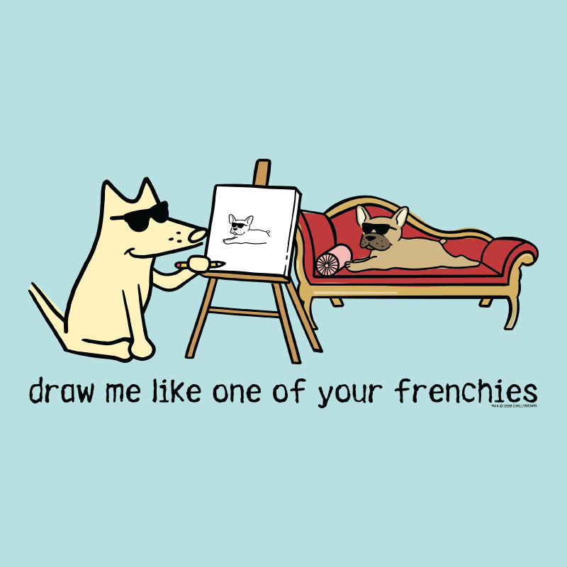 Cartoon dog drawing another dog on a easel with a light blue background