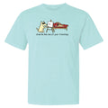 Light blue t-shirt with a cartoon dog graphic and text on a white background