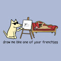 Cartoon dog drawing another dog on a easel with a blue background