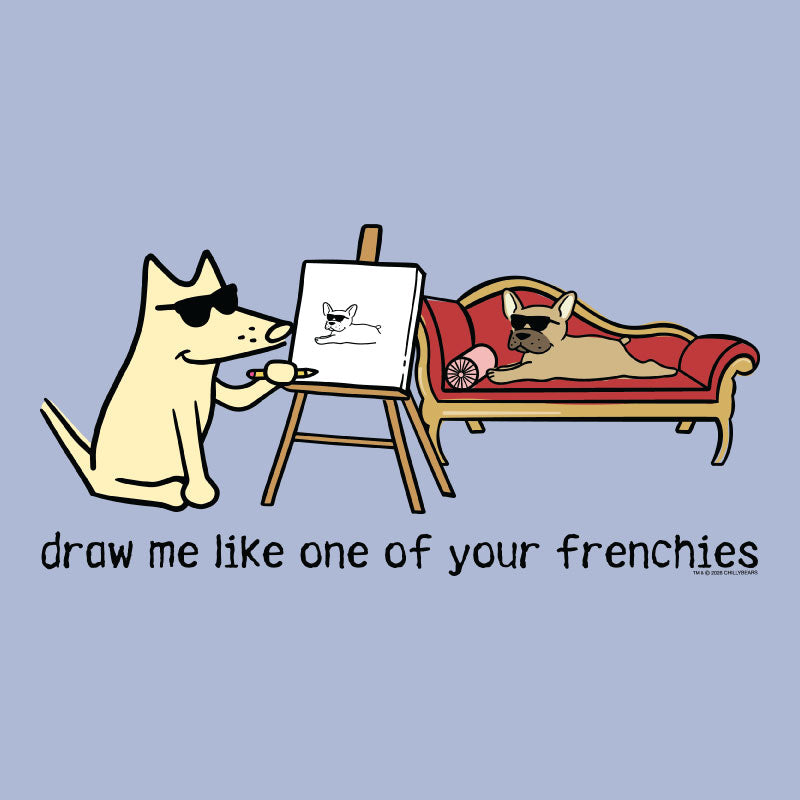 Cartoon dog drawing another dog on a easel with a blue background