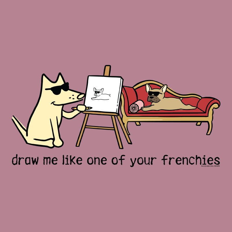 Cartoon dog drawing another dog on a pink background with text 'draw me like one of your frenchies'.