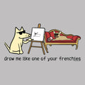Cartoon dog drawing another dog on a easel with a humorous text below.