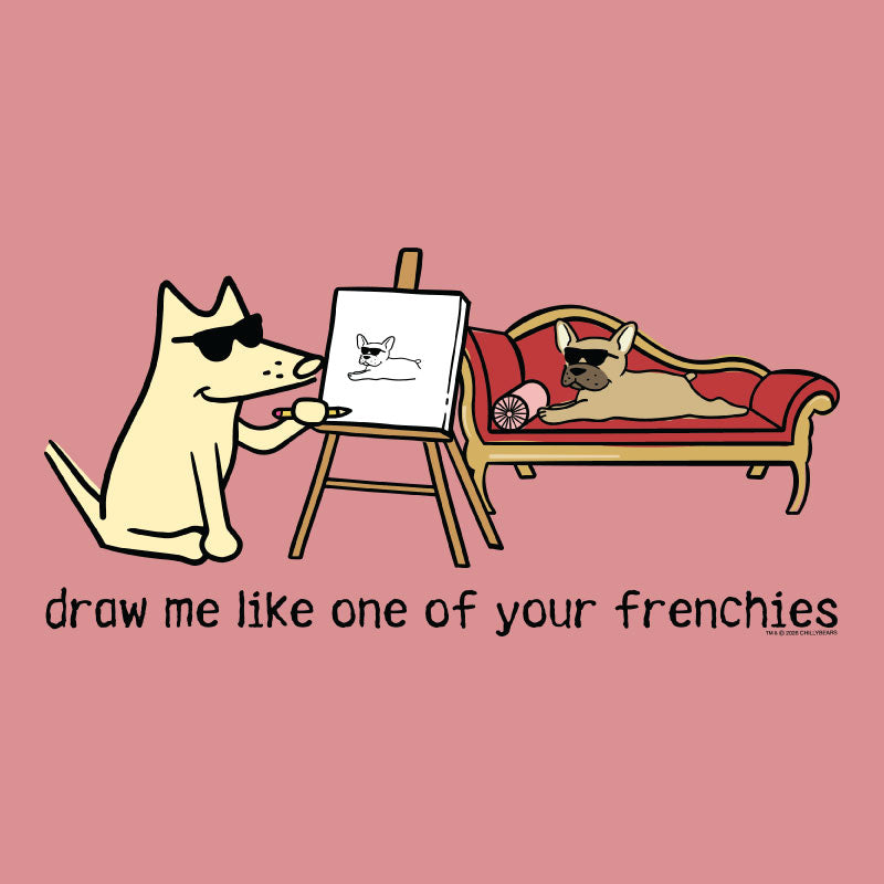 Cartoon dog drawing another dog on a pink background with text 'draw me like one of your frenchies'.