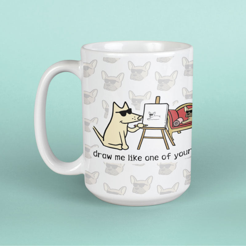 Mug with a cartoon dog drawing a cat, on a light blue background