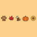 A peach-colored square graphic featuring five horizontal autumn-themed illustrations: a brown paw print, a red maple leaf, a small dog in a brown coat, an orange pumpkin, and a yellow sunflower.