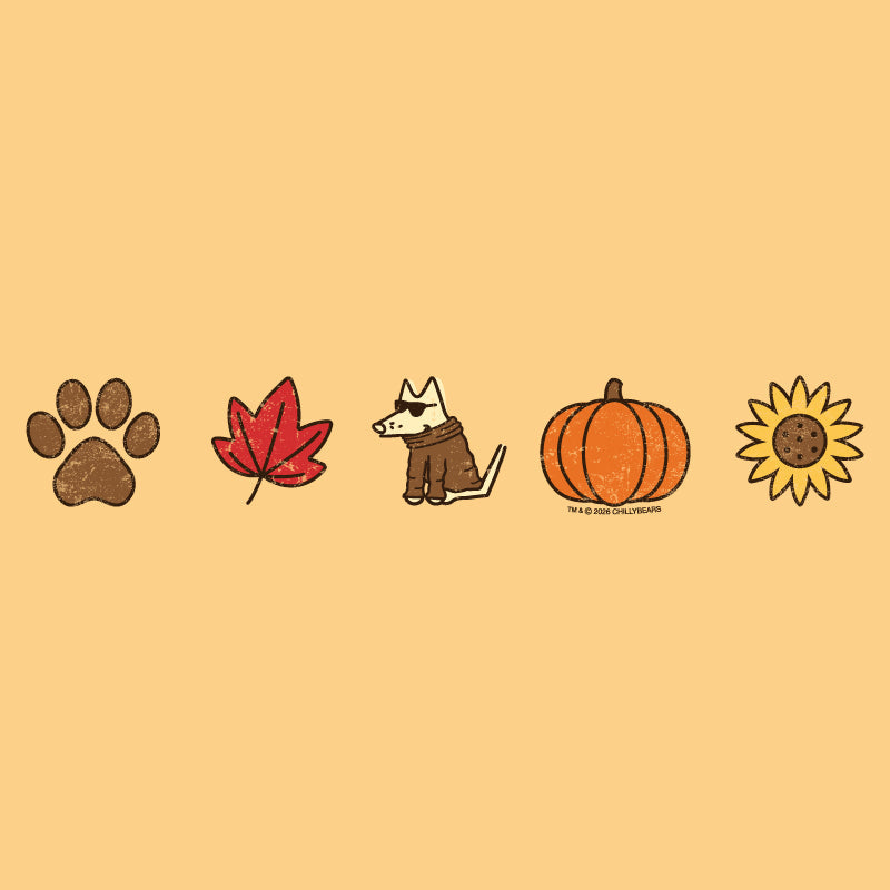 A peach-colored square graphic featuring five horizontal autumn-themed illustrations: a brown paw print, a red maple leaf, a small dog in a brown coat, an orange pumpkin, and a yellow sunflower.
