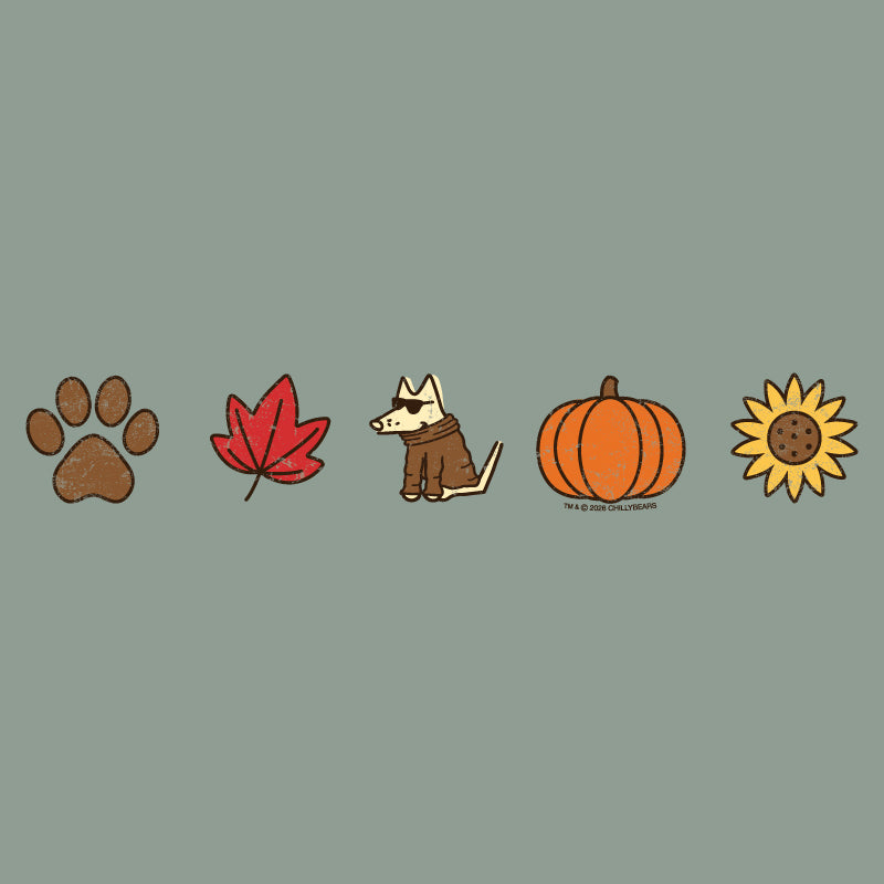 A horizontal row of five autumn-themed illustrations on a muted sage green background: a brown paw print, a red maple leaf, a small brown and cream dog wearing a brown hood, an orange pumpkin, and a yellow sunflower.