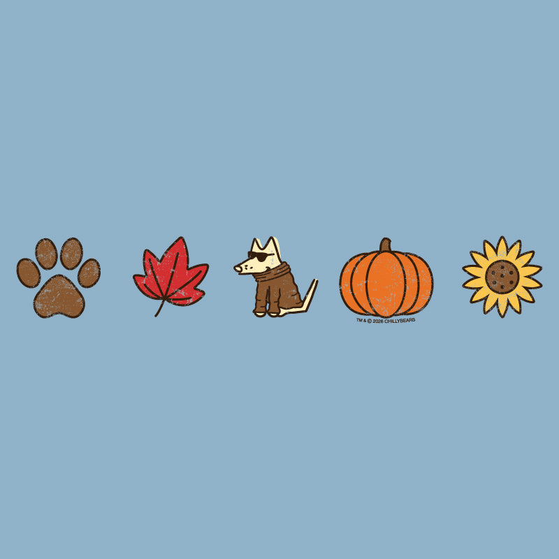 A row of five autumn-themed illustrations on a light blue background: a brown paw print, a red maple leaf, a brown and cream dog wearing a hoodie, an orange pumpkin, and a yellow sunflower.