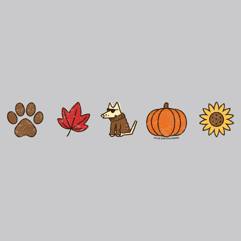 A row of five autumn-themed illustrations on a flat gray background: a brown paw print, a red maple leaf, a small brown dog in a hoodie, an orange pumpkin, and a yellow sunflower.