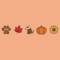 A peach-colored square graphic featuring five horizontal autumn-themed illustrations: a brown paw print, a red maple leaf, a small dog in a brown coat, an orange pumpkin, and a yellow sunflower.
