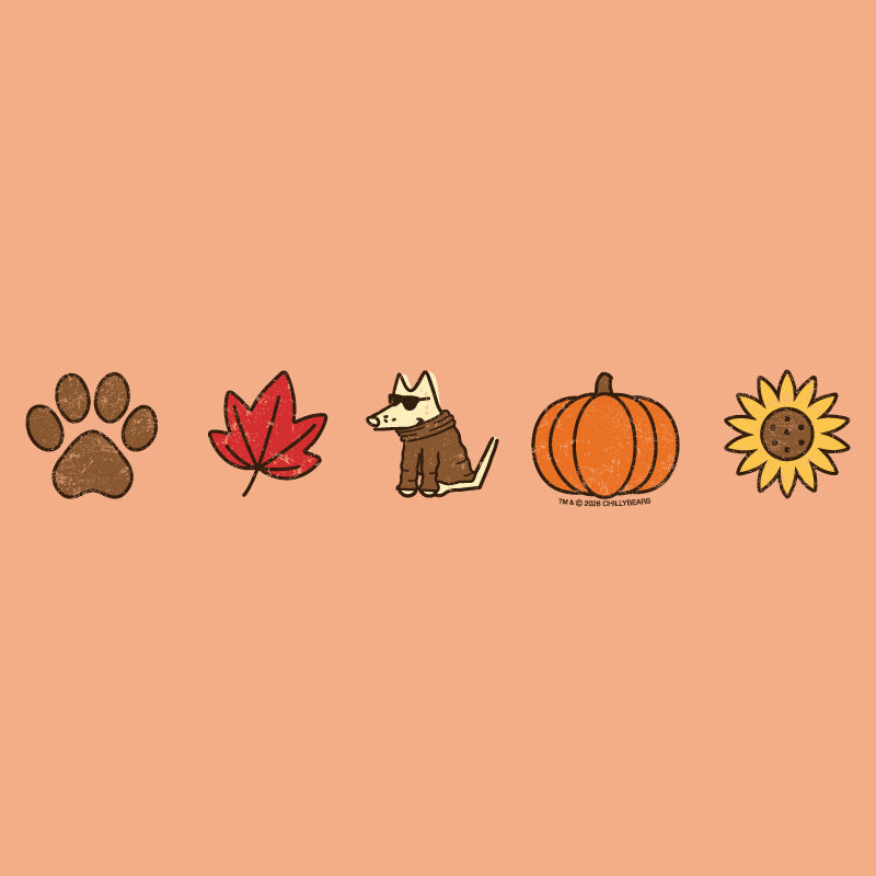 A peach-colored square graphic featuring five horizontal autumn-themed illustrations: a brown paw print, a red maple leaf, a small dog in a brown coat, an orange pumpkin, and a yellow sunflower.