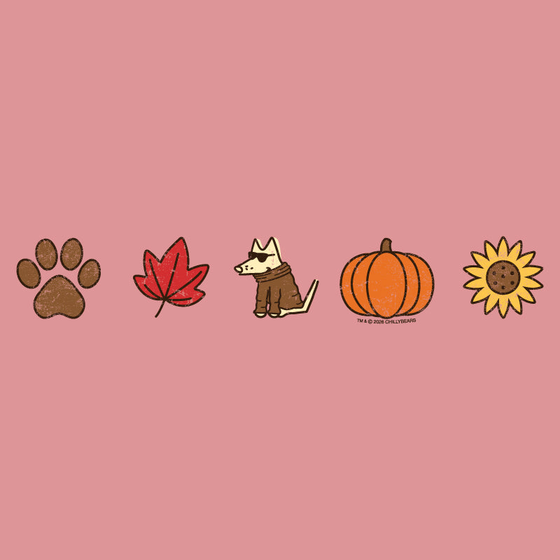 A row of five autumn-themed illustrations on a dusty pink background: a brown paw print, a red maple leaf, a small dog in a brown coat, an orange pumpkin, and a yellow sunflower.